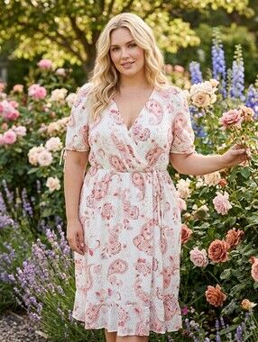 Torrid Womens Paisley Faux Wrap Swiss Dot Dress Pink Cream Blue 1X Plus NWOT